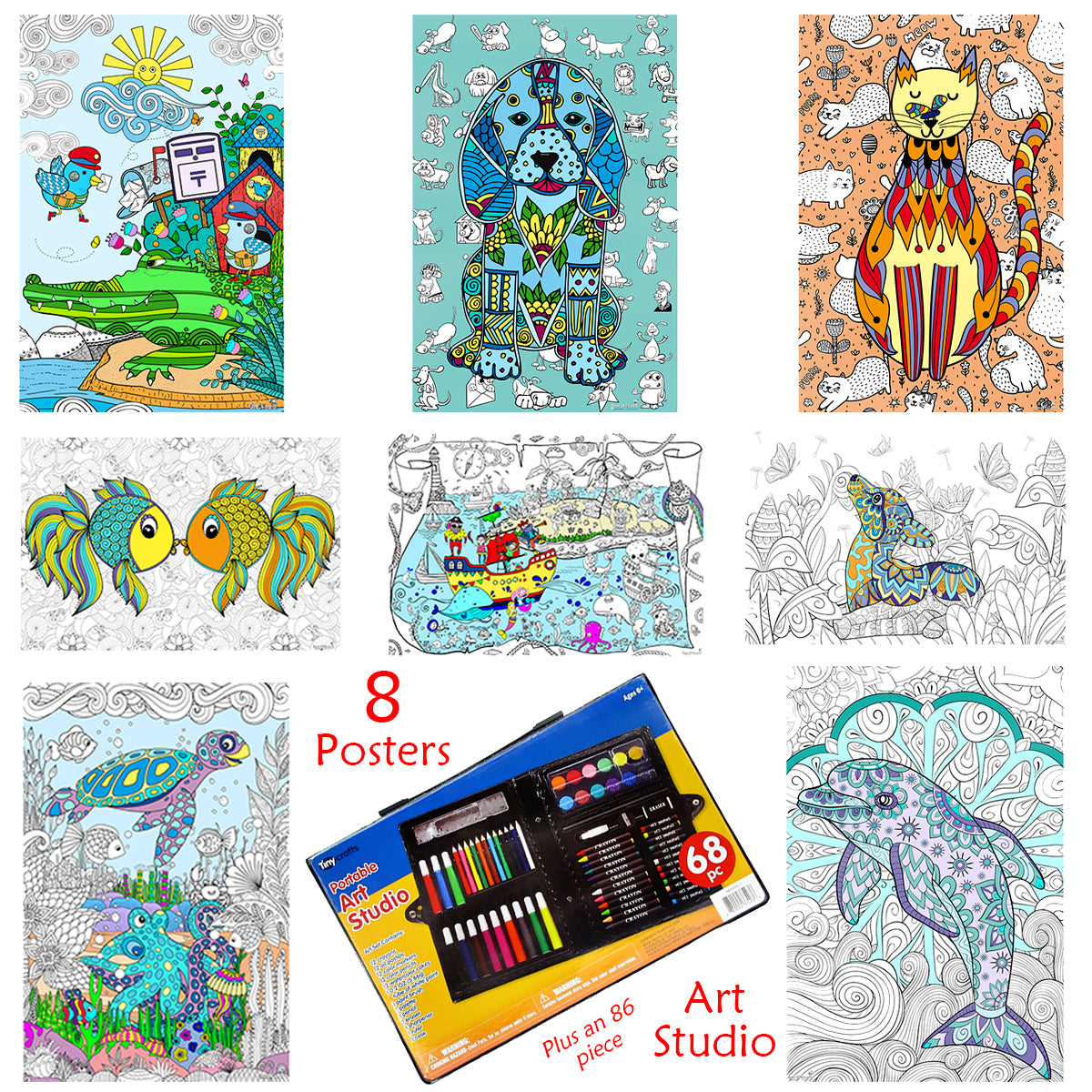 Folded Poster Bundle For Kids & Teens - 8 Posters and 68 Piece Coloring Kit