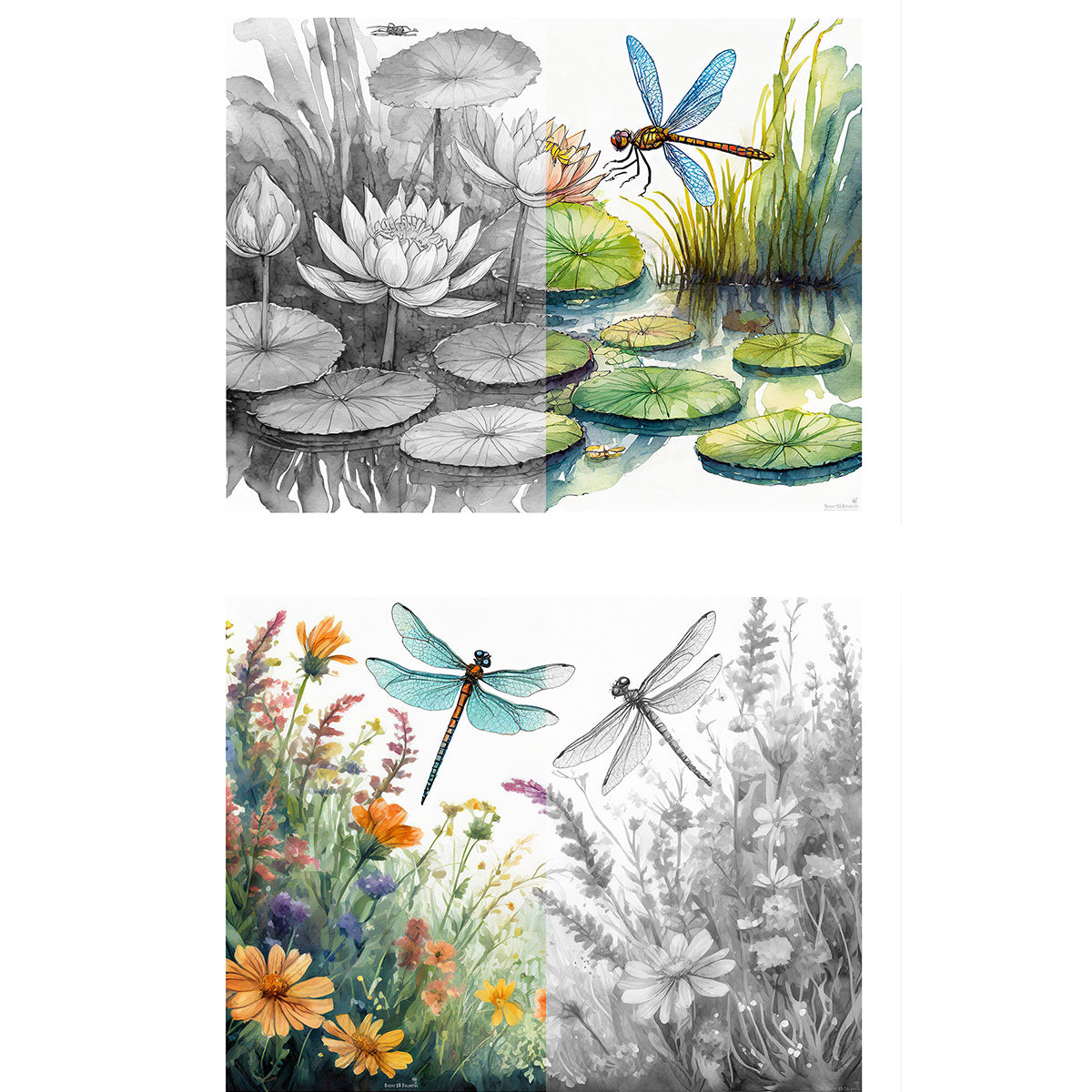 Great2bColorful - 16" x 20" Advanced Grayscale Coloring Sheets, 2 Pack Set - "Dragonfly's Dance"