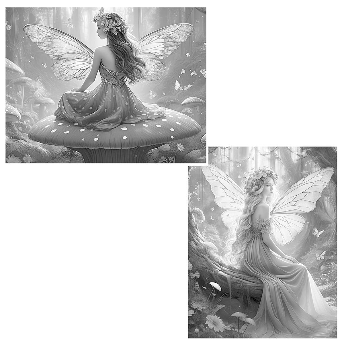 Great2bColorful - 16" x 20" Advanced Grayscale Coloring Sheets, 2 Pack Set - "Whimsical Fairies"