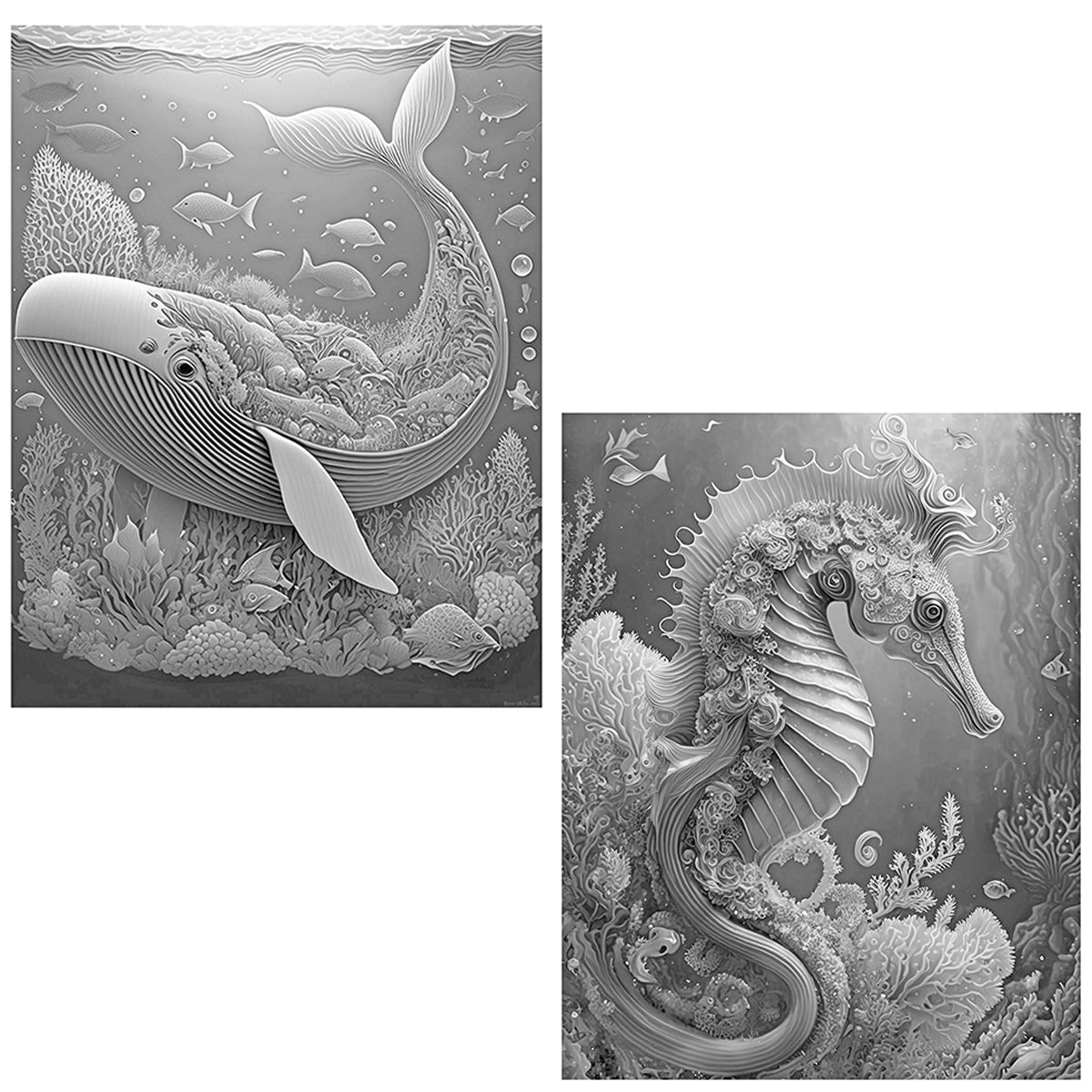Great2bColorful - 16" x 20" Advanced Grayscale Coloring Sheets, 2 Pack Set - "Fantastical Sea Creatures"